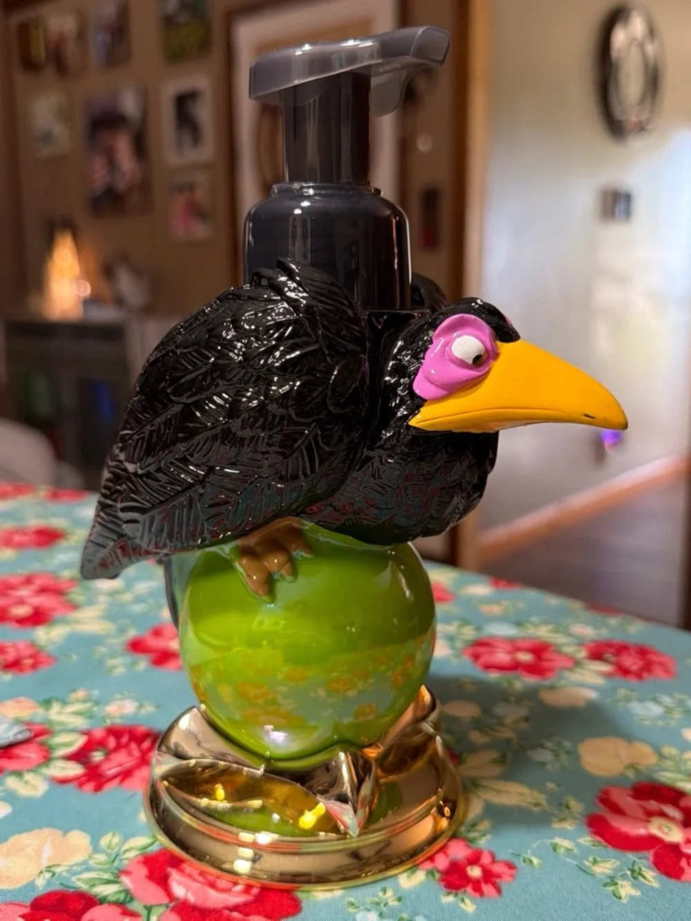 Decorative Black Vulture Soap Dispenser with Green Base